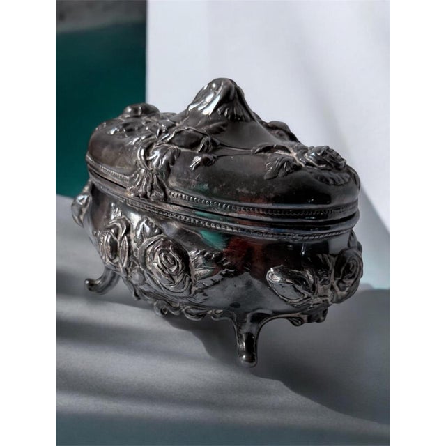 Art Nouveau Antique Ornate Silver Plated Trinket Jewelry Box For Sale - Image 3 of 11