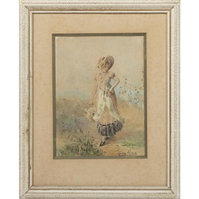 Gaston Gérard, Girl with Flowers, 1920s, Watercolor For Sale - Image 6 of 6