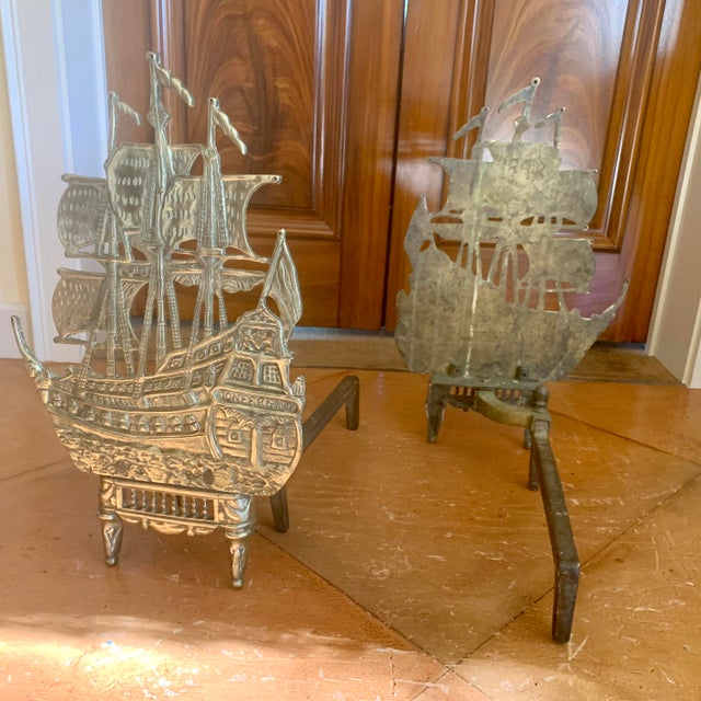 Antique Brass Galleon Ship Andirons For Sale - Image 6 of 14