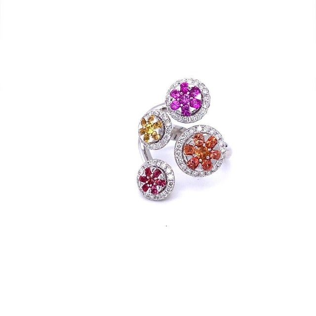 1.94 Carat Multi Color Sapphire Diamond White Gold Statement Ring, Size 7 For Sale - Image 4 of 10