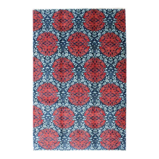 Red & Blue European Design Rug With Geometric Medallions and Vining Blossoms For Sale