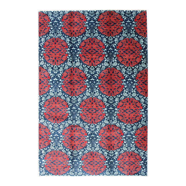 Red & Blue European Design Rug With Geometric Medallions and Vining Blossoms For Sale