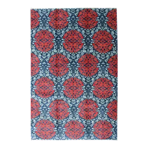 Red & Blue European Design Rug With Geometric Medallions and Vining Blossoms