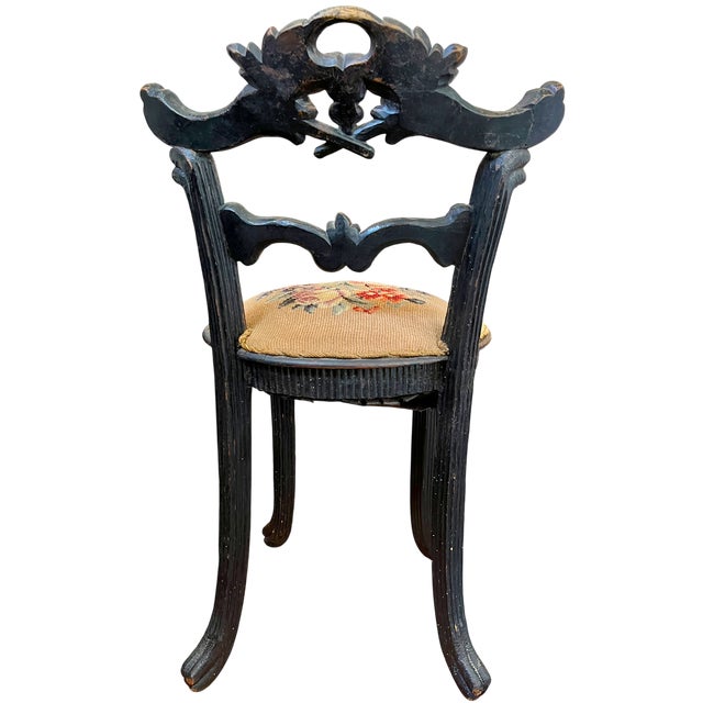 Brown Antique 19th Century Hand-Carved Ebonized Faux Bois Aesthetic Movement Boudoir Vanity Side Chair With Floral Needlepoint Seat For Sale - Image 8 of 16