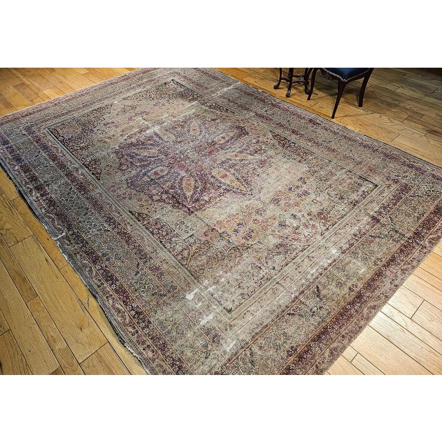 19th Century Persian Kerman Lavar Rug, Hand-Knotted Wool, Floral Pattern, Ivory & Burgundy, 9x13 For Sale - Image 4 of 15