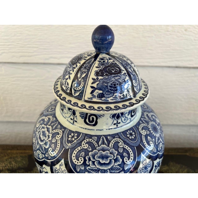 Vintage Large Delft Ginger Jar Vase Blue & White Floral Royal Sphinx Lidded Urn For Sale - Image 15 of 18