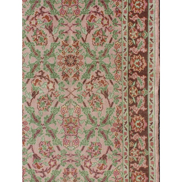 Vintage Turkish Oushak rug with Lattice design in green, Mocha brown, ivory, pink, rug , country of origin / type: Turkey...