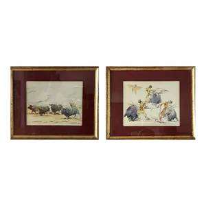 Late 20th Century Set of 2 Framed Watercolor Bull Fighting