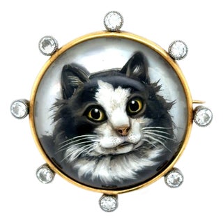 1900-1909 Belle Epoque Essex Crystal and Diamond Cat Brooch For Sale