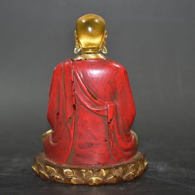 Colored-Glass Buddha Figurine — Seated on Lotus Throne, Red & Gold Robes For Sale - Image 4 of 9