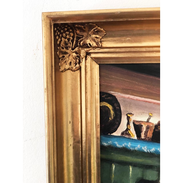 A vintage original oil painting of a cottage interior, dating from the 1940s. The painting shows an interior scene of a...