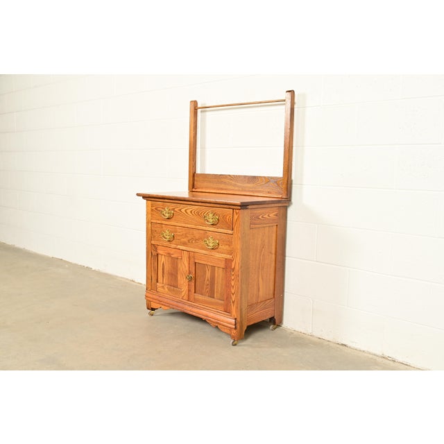Victorian Antique Victorian Carved Oak Washstand or Commode, Circa 1890s For Sale - Image 3 of 15