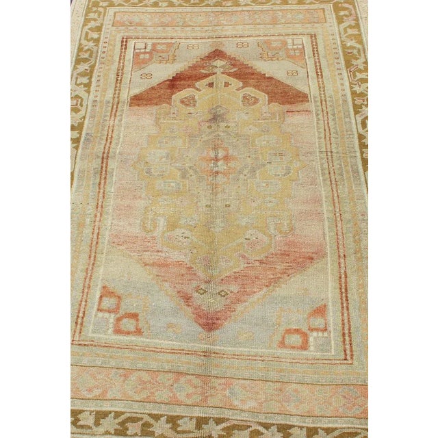 Vintage Turkish Oushak With Large Central Medallion in Cream, Yellow, Brown and Red 3'7"x5'8" For Sale In Atlanta - Image 6 of 10