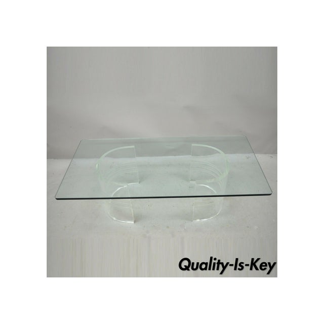 Mid Century Double Pedestal Curved Lucite Base Rectangular Glass Coffee