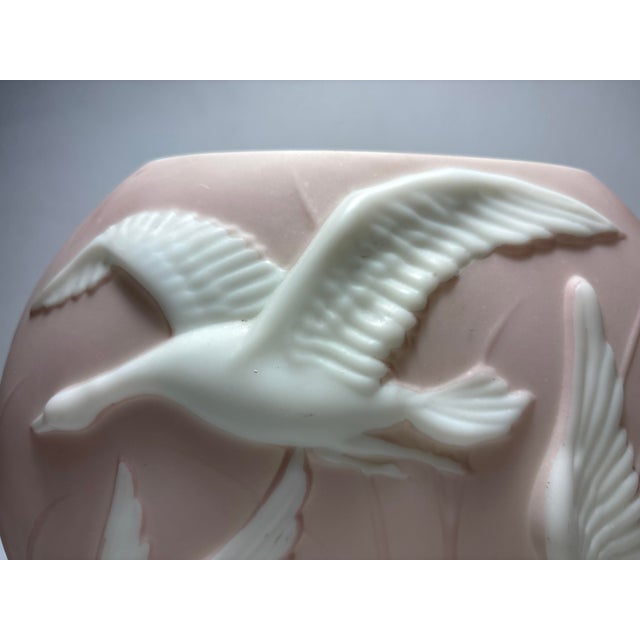 Glass Stunning Phoenix Glass Flying Geese Cameo Vase Raised Relief Geese Flying White Pink Art Deco For Sale - Image 7 of 9
