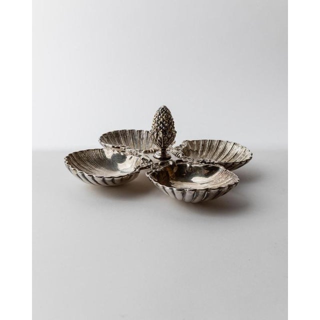 Art Deco Silver-Plated Centerpiece with Shell Dishes and Pinecone Handle, 1930s, Set of 5 For Sale - Image 3 of 11