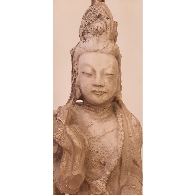 Gray Goddess Asian Kwan Yin Buddhist Lamps Pair For Sale - Image 8 of 13