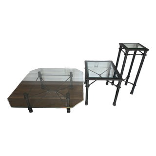 Vintage Postmodern Glass & Faux-Bamboo Iron Table Set | Coffee Table + Matching Side Tables For Sale