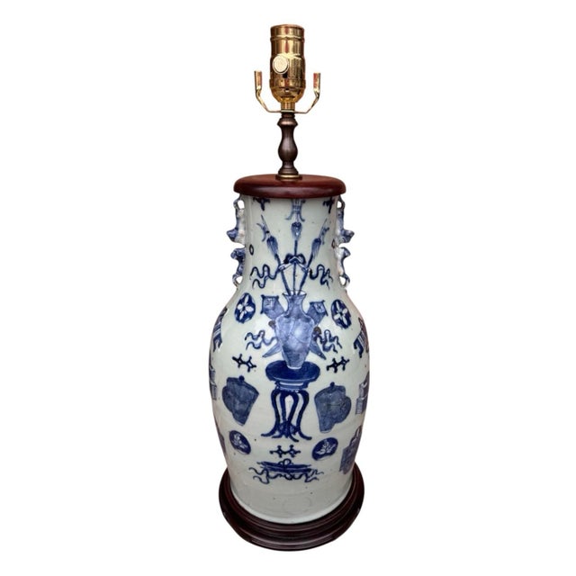 19th Century Chinese Blue & White Celadon Glazed Pottery Vase Table Lamps - A Pair For Sale In Chicago - Image 6 of 12