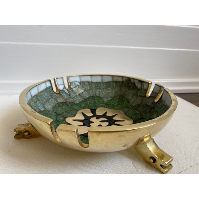 Hand wrought Mid Century Mexican Salvador Teran brass and glass mosaic tile bowl