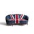 A striking upholstered sofa pairing a bold Union Jack motif in blue, red, and cream with an ornate carved wood frame. The...