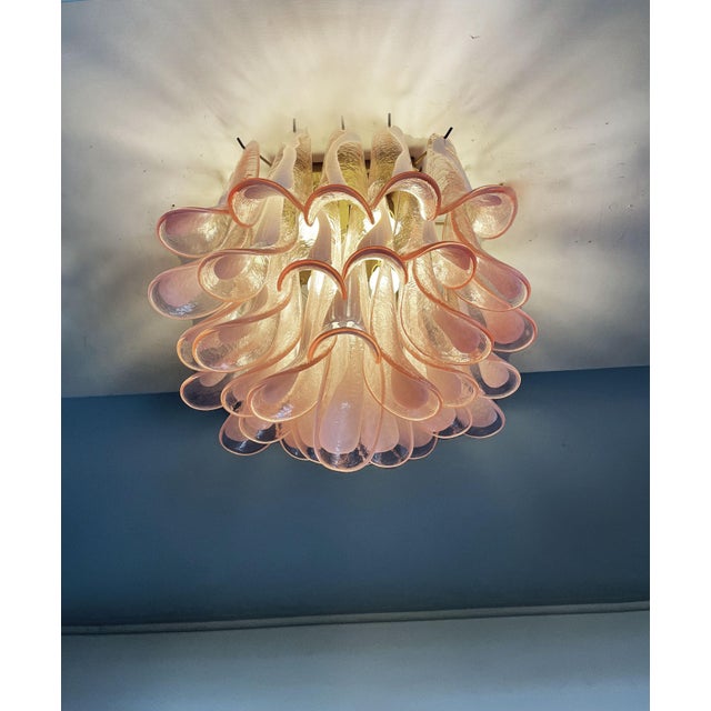 Murano Ceiling Chandelier | 32 Pink Glass and Lattimio Petals in a Contemporary | Mid Century Style For Sale - Image 10 of 11
