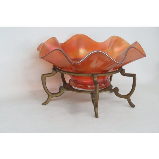Marigold Iridescent Ruffle Edge Candy Dish Bowl on a Metal Stand 4635b For Sale - Image 9 of 14