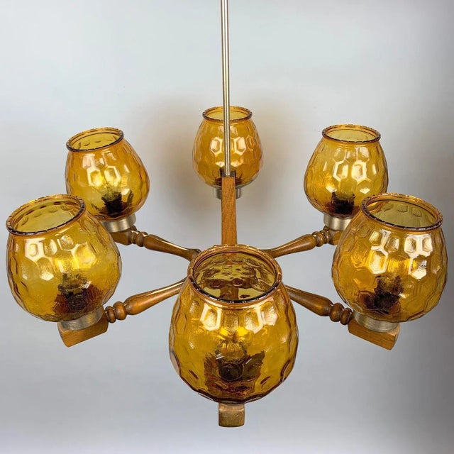 Gold Mid-Century Wood and Glass Chandelier, 1970s For Sale - Image 8 of 11