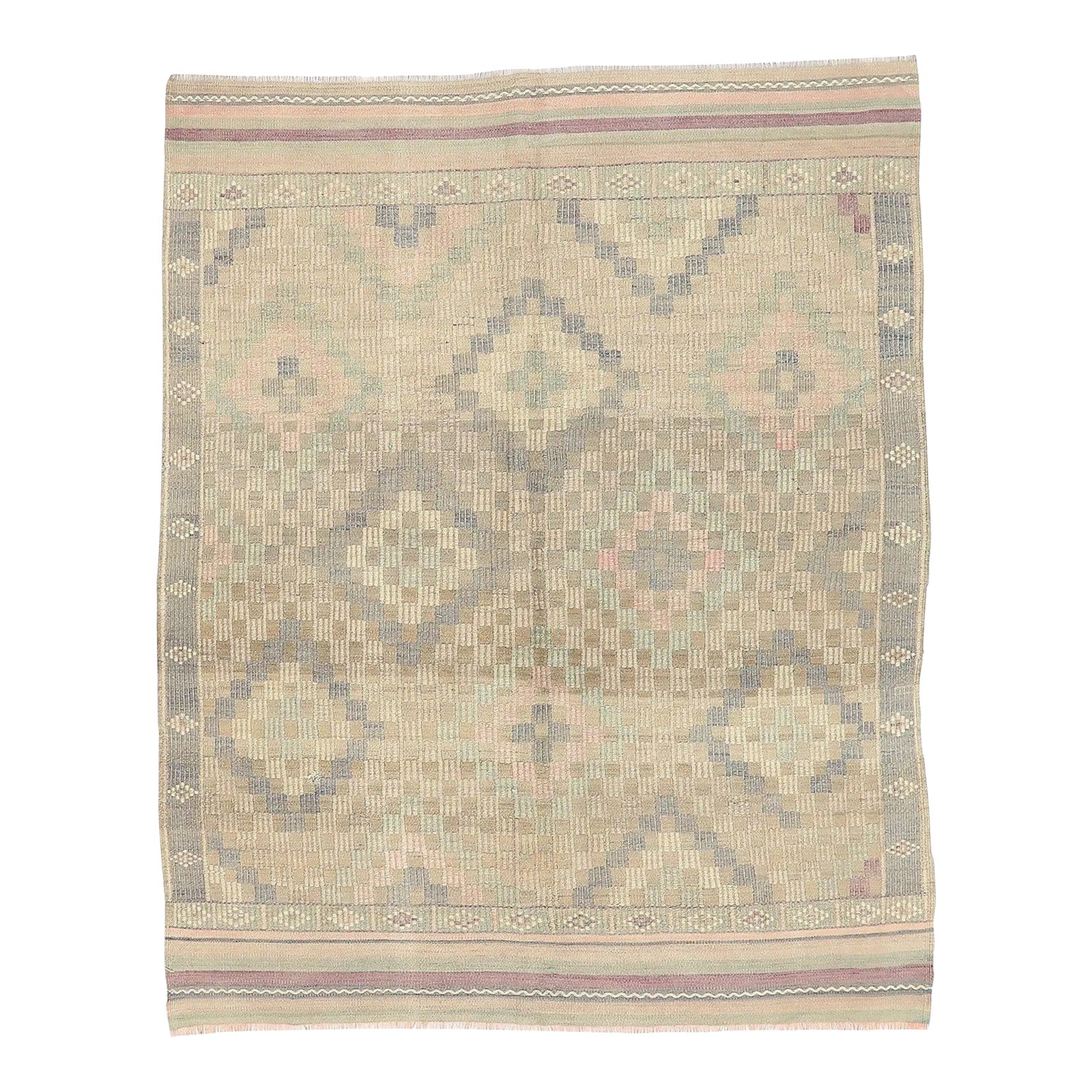 Mid 20th Century Vintage Washed Out Embroidered Rug | Chairish