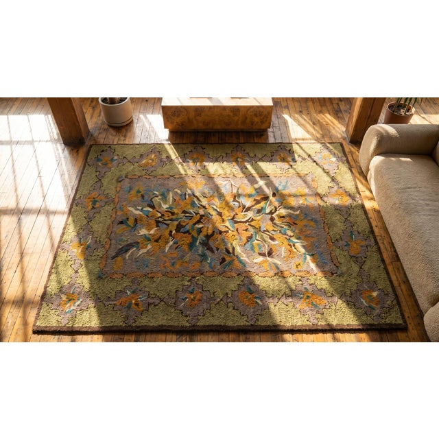 1930s Green Floral Folk Art Antique American Hooked Rug 3' 0" X 4' 7" Handknotted Wool Carpet For Sale - Image 9 of 9