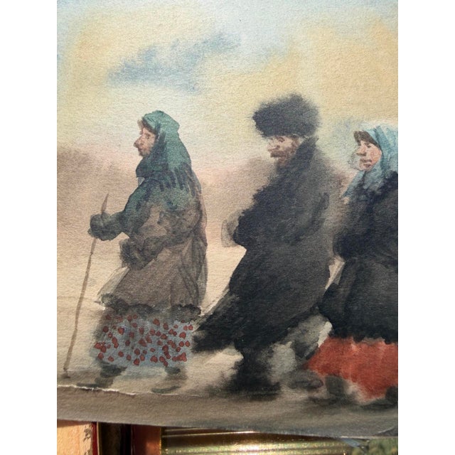 Antique Watercolor of a Russian Winter Procession in Ornate Gilt Frame - Unsigned Unknown Artist For Sale - Image 11 of 17