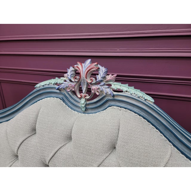 1970s French Provincial Living Room Set | Hand Carved Baroque Sofa & Armchairs | Blue and Rose Gold Ornate Tufted 4-Piece Set For Sale In Miami - Image 6 of 18