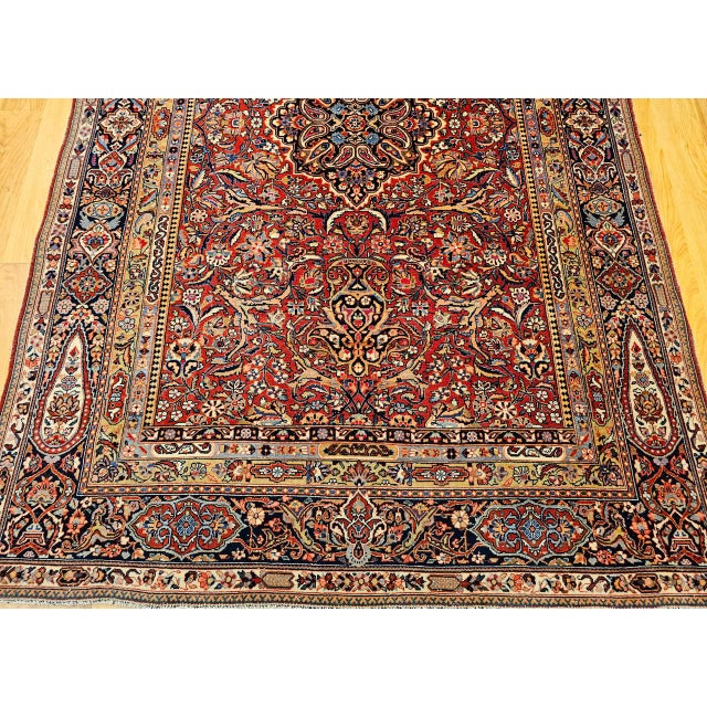 Early 20th Century Persian Kashan Rug, Hand-Knotted Wool & Cotton, Floral Design, Red & Navy, 5x7 For Sale - Image 11 of 16