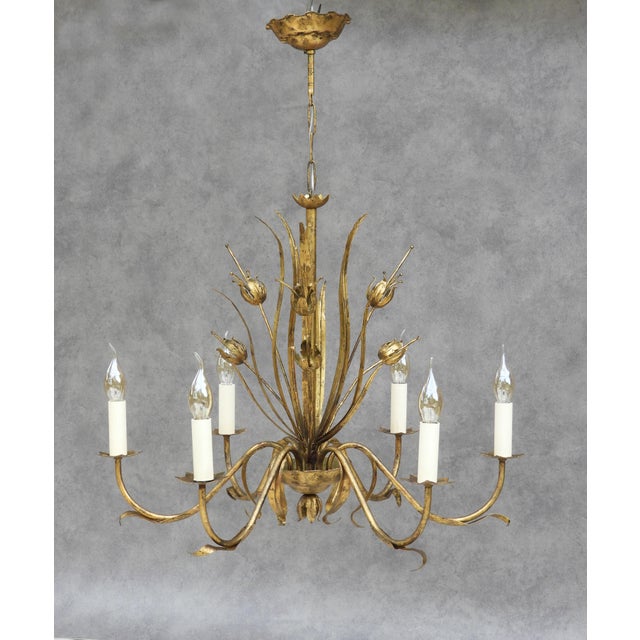 Mid-Century Spanish Gilt Tôle Botanical Six-Light Chandelier, 1950s For Sale - Image 10 of 10