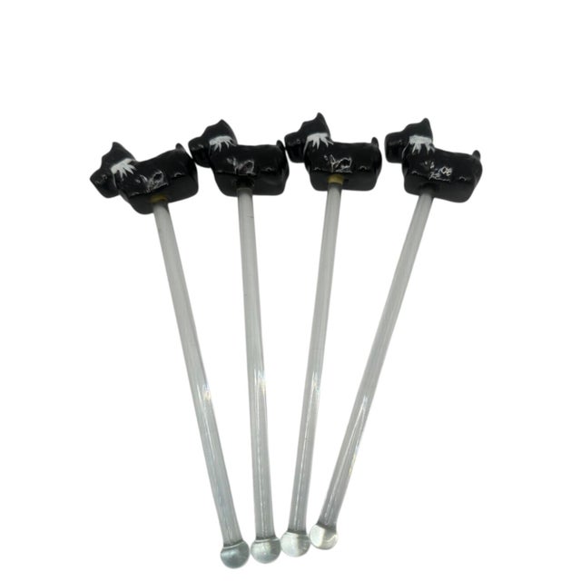 Vintage Glass Cocktail Glass Swizzle Sticks With Black Scottie Dog Figurine Toppers - A Set of 12 For Sale - Image 11 of 12