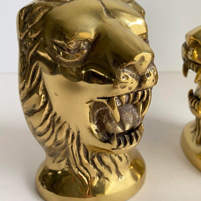 Metal Vintage 1970s Brass Lion Head Bookends a Pair For Sale - Image 7 of 10