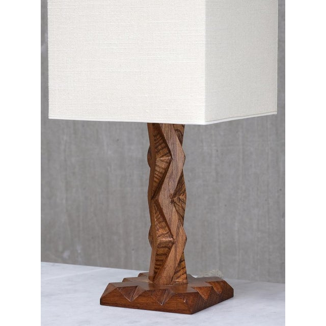 Wood French Art Deco Geometric Oak Table Lamp with Linen Shade, Late 1930s For Sale - Image 7 of 13