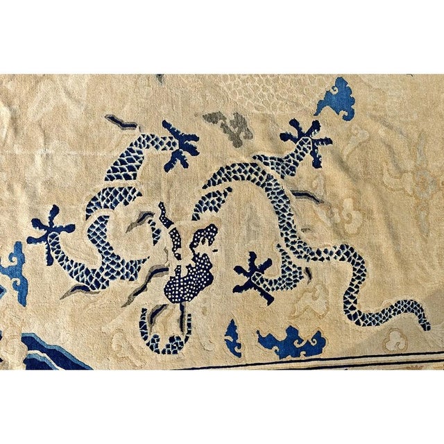 1880s Beige Ground Dragon Medallion Antique Chinese Peking Qing Style Square Rug For Sale - Image 9 of 9