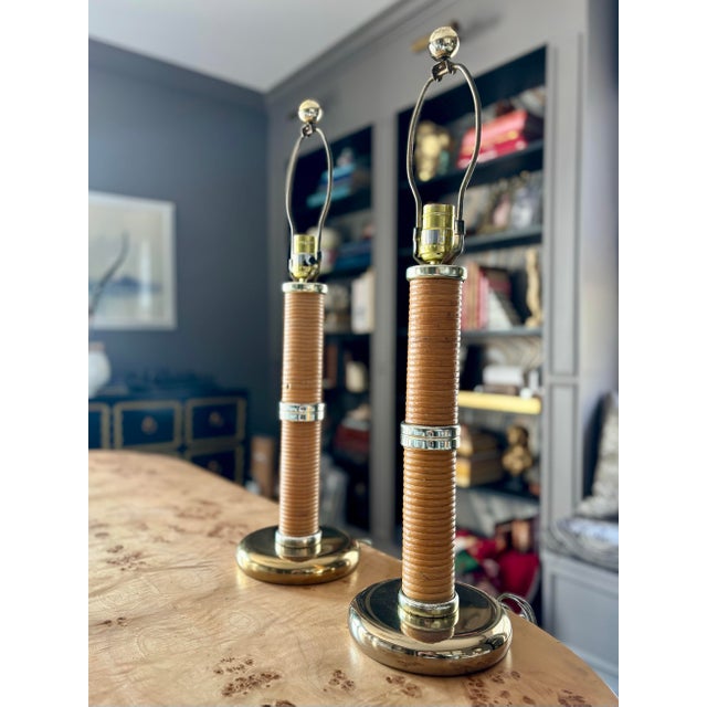 Gabriella Crespi 1970s Mid-Century Modern Pencil Reed and Brass Lamps After Gabriella Crespi - a Pair For Sale - Image 4 of 7