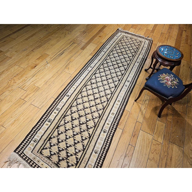 Early 20th Century Vintage Persian Qazvin Tribal Kilim Runner, Handwoven Wool, Allover Paisley Pattern, Tan & Brown, 3x11 For Sale - Image 5 of 18