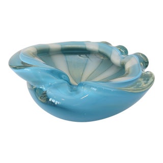 Vintage Seguso Murano Art Glass Bowl in Pale Blue, White and Gold Dust For Sale