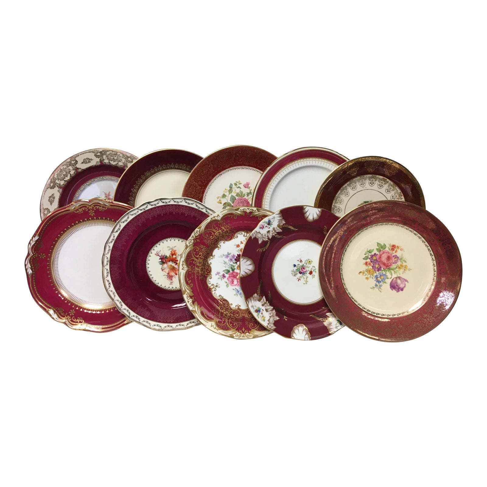 Mixed Vintage Burgundy Rim Dinner Plate Set of 10 Chairish