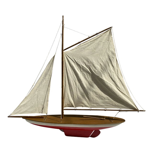 Late 20th Century Decorative Wood Red and White Model Sailboat For Sale