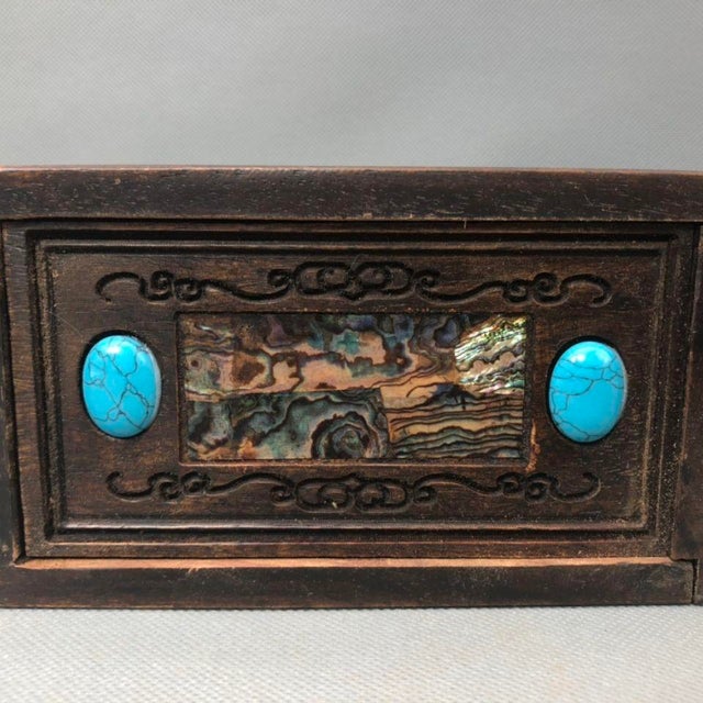 Art Deco Vintage Rosewood Puzzle Box With Turquoise Inlay & Hidden Lock Mechanism For Sale - Image 3 of 10
