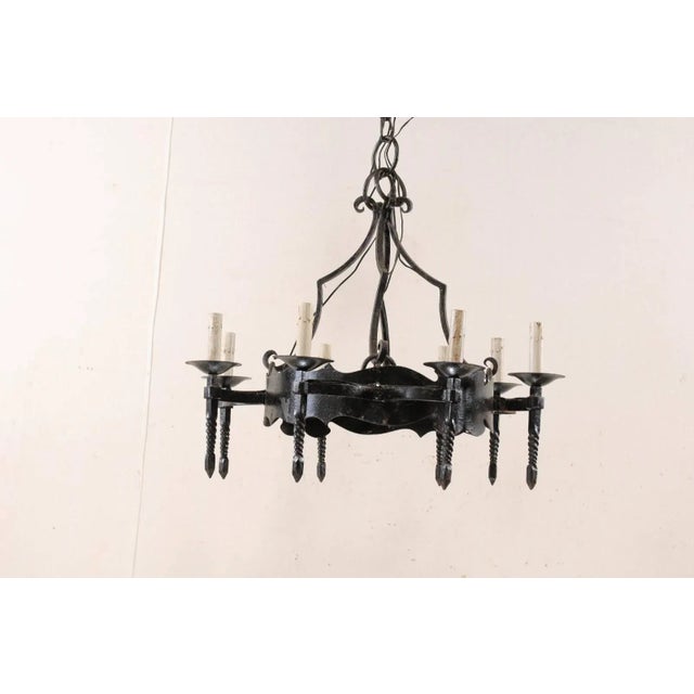 French Mid-20th Century Iron Ring Chandelier With Eight Torch-Shaped Lights For Sale In Atlanta - Image 6 of 10