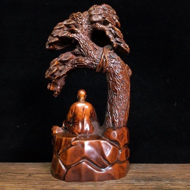 Brown Hand-Carved Boxwood Figure of a Monk Under a Pine Tree For Sale - Image 8 of 9