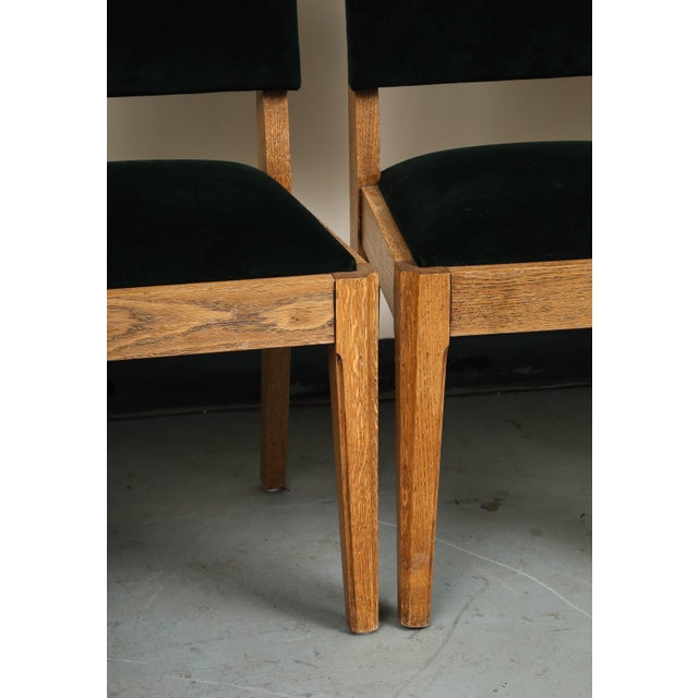 Set of Eight French Oak Dining Chairs in Forest Green Cotton Velvet, C. 1945 For Sale - Image 4 of 18
