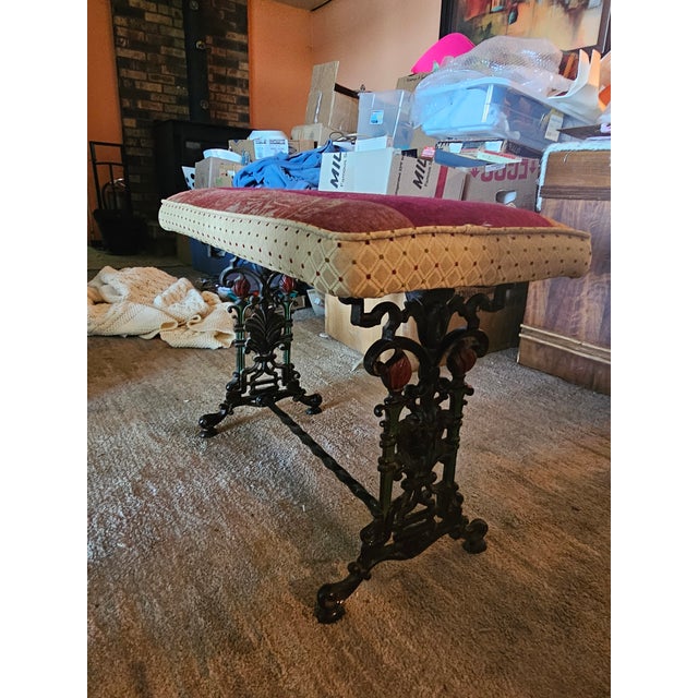 Antique 19th Century Victorian Ornate Cast Iron Parlor Bench With Patchwork Jacquard Cushioned Seat For Sale In Minneapolis - Image 6 of 8