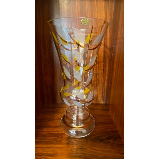 Vintage Bohemia Crystal Vase With Frosted Gold and Silver Leaf Pattern For Sale In San Francisco - Image 6 of 8