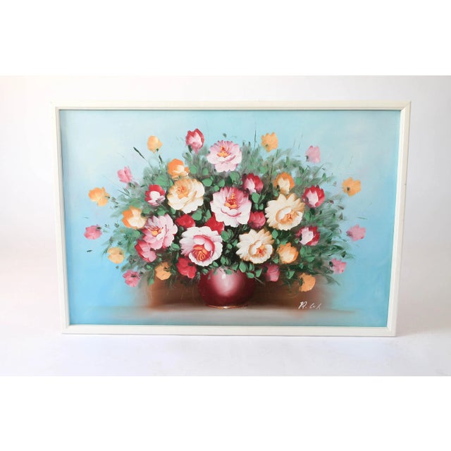 Beautiful vintage still life oil painting on canvas of yellow, pink and white bouquet of flowers in a deep mauve vase by...